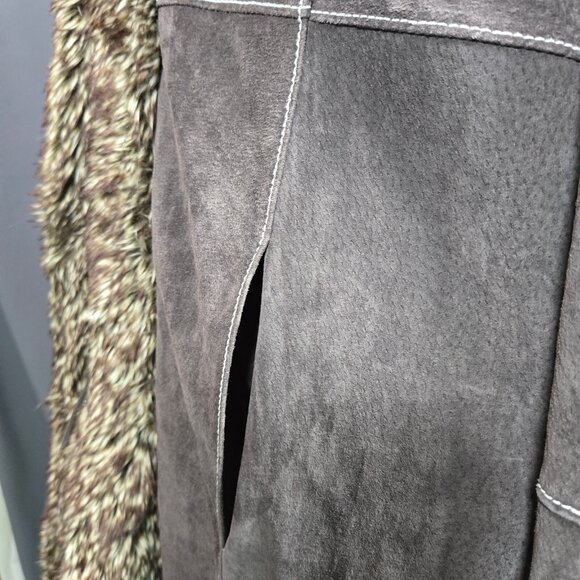 Y2K Penny Lane Coat Size XL Boho Brown Suede Leather Faux Fur Trim Long - Picture 7 of 15